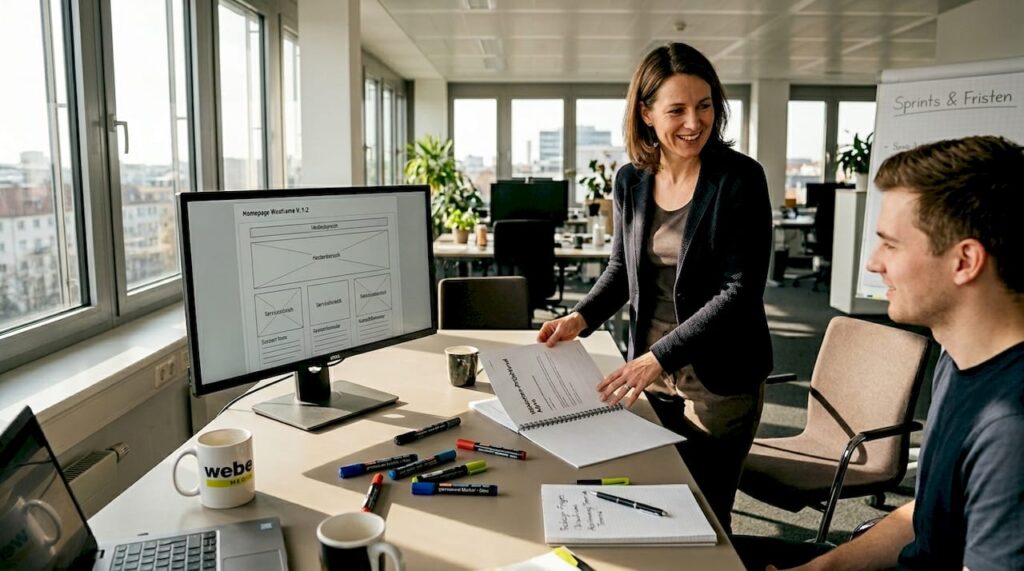Der Projektleiter für die Website prüft das Briefing zum Relaunch.