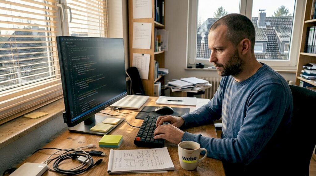 Ein Entwickler arbeitet im Büro an einer Webanwendung und schreibt dabei Code.