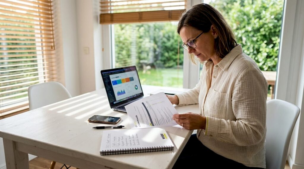 1775810842467_Consultant-reviews-SEO-audit-at-home-office-desk Ein Berater analysiert ein SEO-Audit an seinem Schreibtisch im Homeoffice.