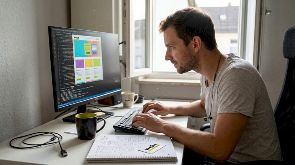 1776337576109_Webdesigner-am-Schreibtisch-arbeitet-an-Webseite-1 Ein Webdesigner sitzt an seinem Arbeitsplatz und gestaltet eine neue Webseite.