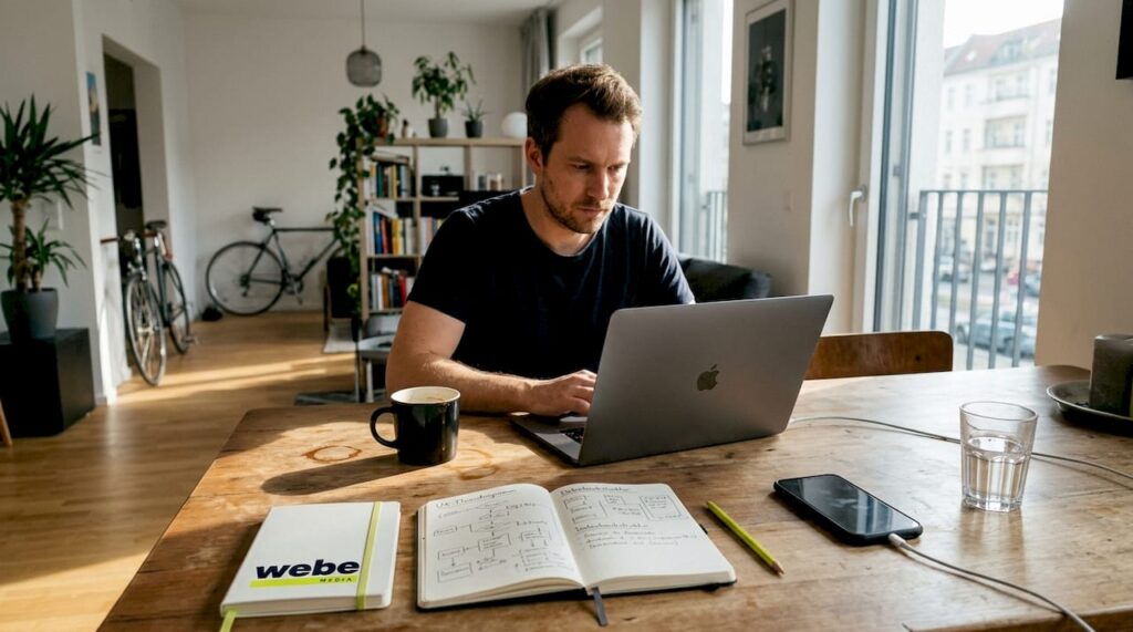 1776430440914_Webentwickler-arbeitet-am-Laptop-im-Homeoffice-1 Ein Webentwickler sitzt im Homeoffice und arbeitet am Laptop.