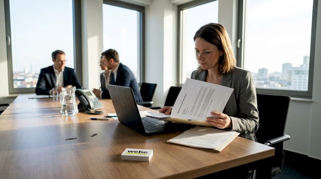 1776444941462_Frau-pruft-Referenzen-am-Agentur-Konferenztisch-1 Eine Mitarbeiterin überprüft die Referenzen von Bewerbern am Konferenztisch in der Agentur.