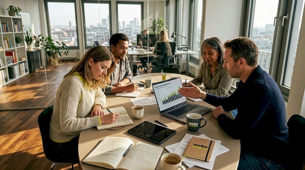 1776508383368_Agenturteam-bei-Strategie-Meeting-am-Tisch Das Agenturteam tauscht sich beim Strategiemeeting gemeinsam am Konferenztisch aus.