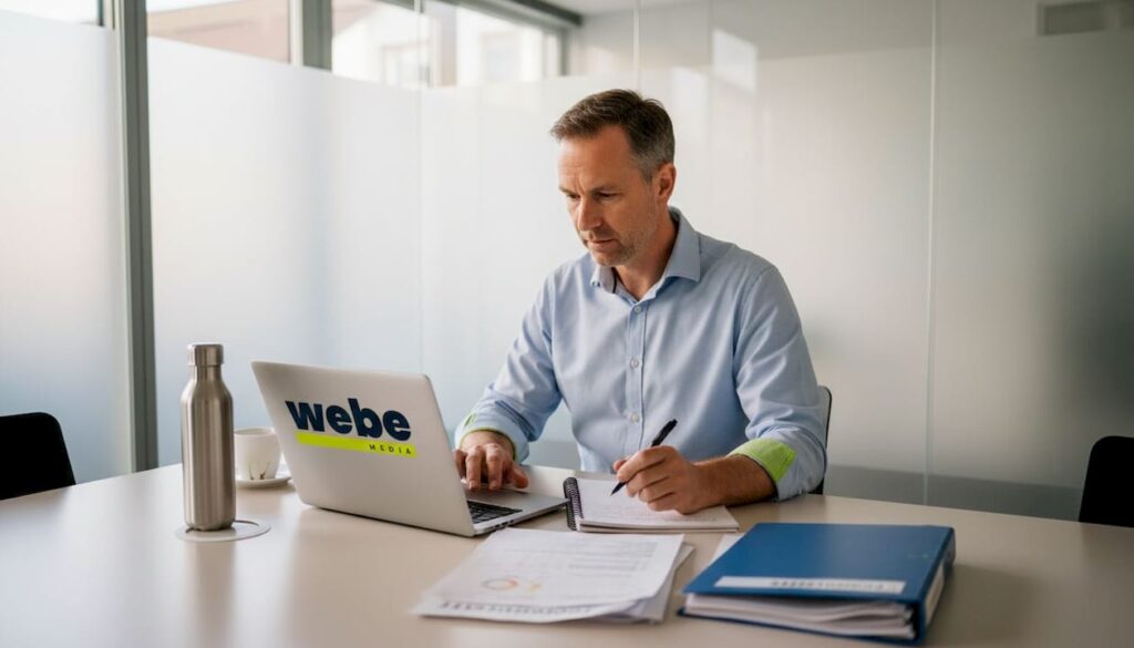 1776602040131_image Ein Manager prüft Unterlagen zur digitalen Geschäftsstrategie.
