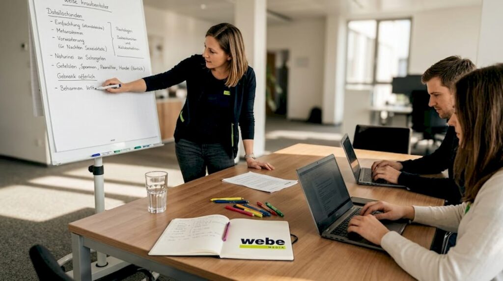 1776680168197_Team-arbeitet-am-Tisch-im-hellen-Besprechungsraum Mehrere Kollegen sitzen gemeinsam an einem Tisch und tauschen sich in einem lichtdurchfluteten Besprechungsraum aus.