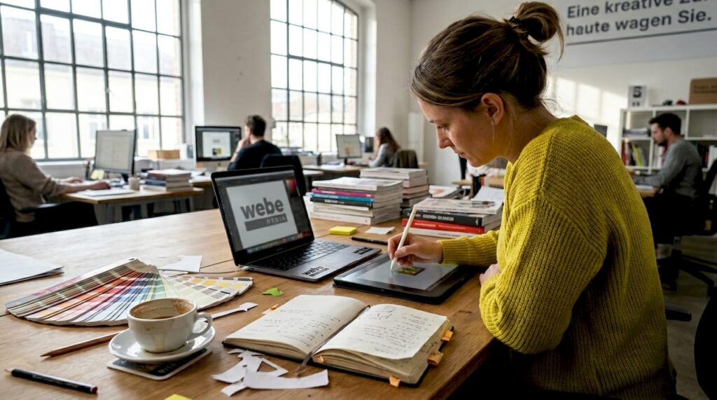 1777221847297_Grafikdesignerin-arbeitet-an-Design-am-Schreibtisch Eine Grafikdesignerin sitzt an ihrem Schreibtisch und arbeitet konzentriert an einem neuen Entwurf.