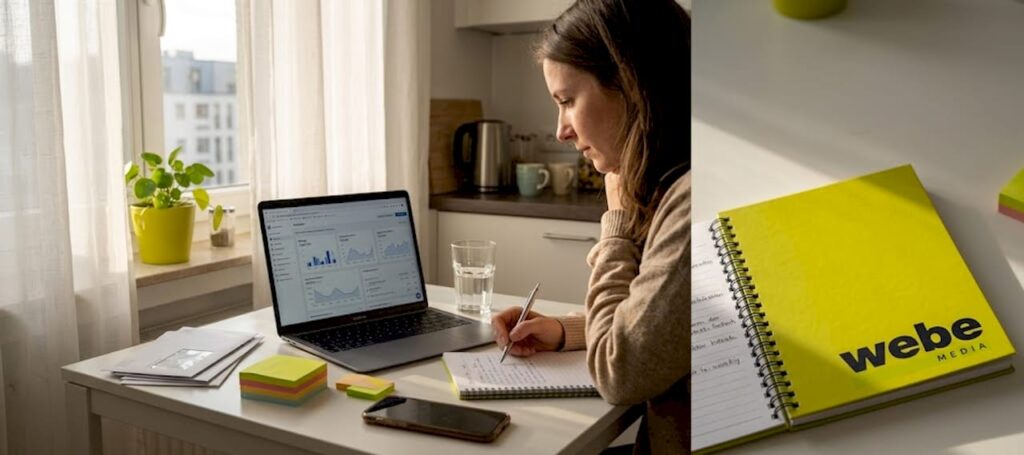 1777251561708_Woman-reviewing-social-media-strategy-at-home-1 Eine Frau arbeitet von zu Hause aus und prüft ihre Social-Media-Strategie.