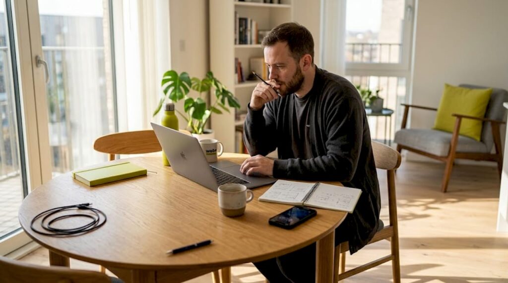 1777336592427_Webdesigner-arbeitet-am-Laptop-am-Esstisch Ein Webdesigner sitzt mit seinem Laptop am Esstisch und arbeitet.