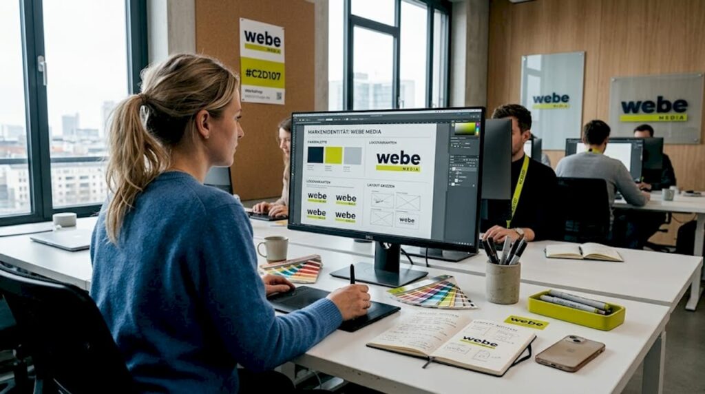 1777339067106_Grafikdesignerin-beim-Markenentwurf-am-Schreibtisch Eine Grafikdesignerin arbeitet konzentriert am Schreibtisch und entwickelt ein neues Markenkonzept.