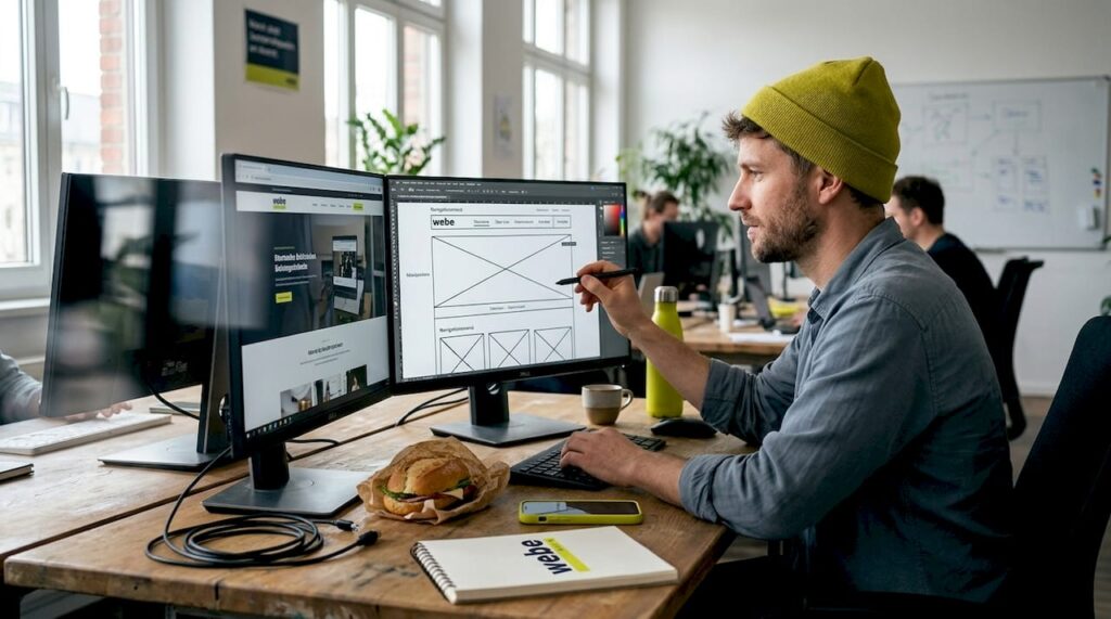 1777390037580_Web-designer-working-at-cluttered-desk Ein Webdesigner sitzt an seinem vollgestellten Schreibtisch und arbeitet konzentriert am Bildschirm.