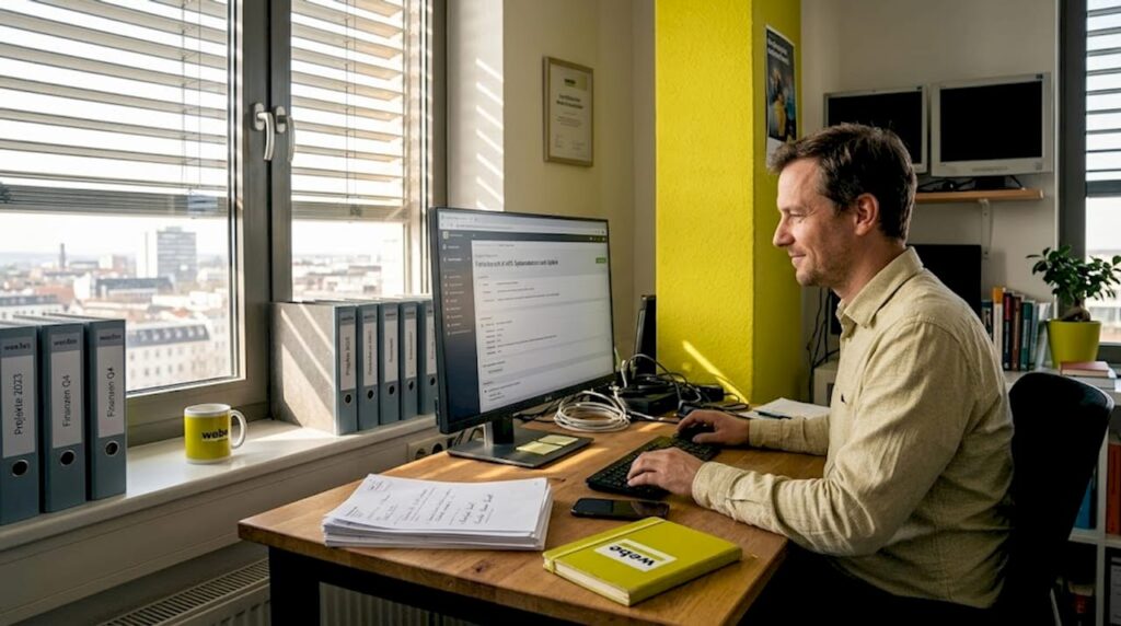 1777615725703_IT-Mitarbeiter-pruft-Supportanfrage-im-Buro Ein IT-Spezialist bearbeitet im Büro eine eingegangene Supportanfrage.
