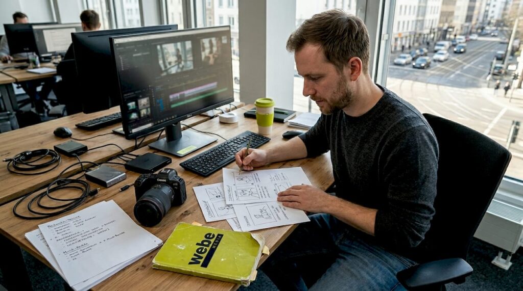1777696826071_Videoproduzent-pruft-Storyboards-am-Schreibtisch-1 Ein Videoproduzent sichtet am Schreibtisch die Storyboards und prüft die Abläufe für den nächsten Dreh.