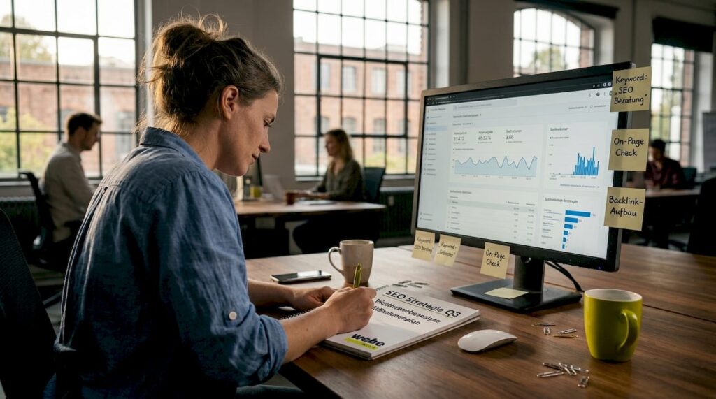 1777783018101_SEO-expert-analyzing-data-at-coworking-desk-1 Ein SEO-Spezialist sitzt im Coworking-Space und wertet sorgfältig die aktuellen Daten aus.