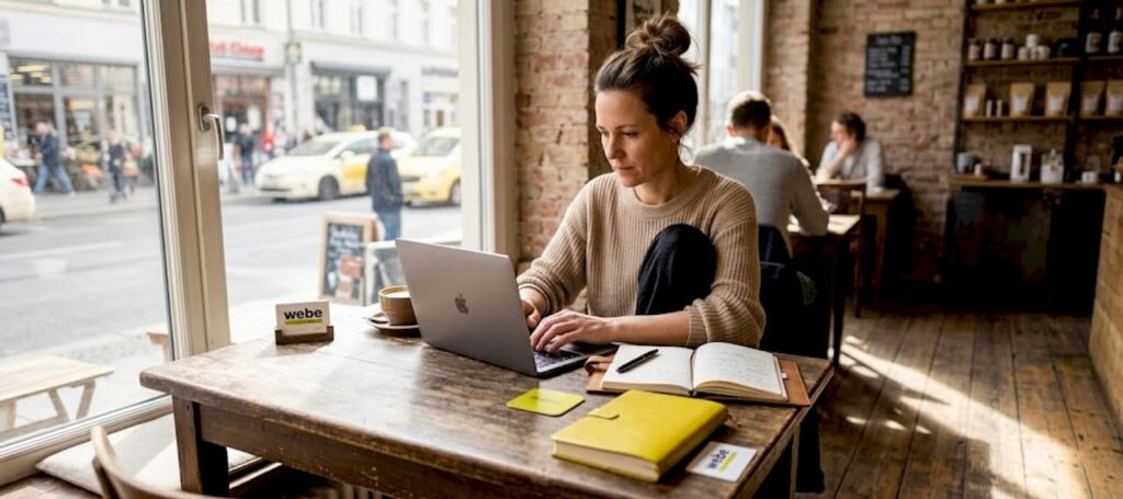 1778388014090_Businesswoman-typing-at-organized-home-office-desk Eine Geschäftsfrau arbeitet konzentriert an ihrem Laptop und sitzt dabei an einem aufgeräumten Schreibtisch im Homeoffice.
